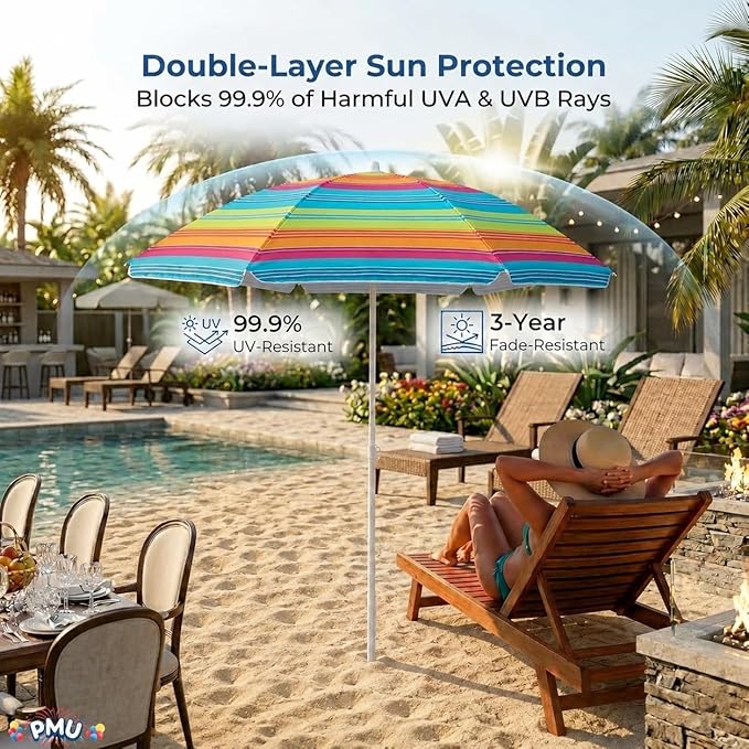 PMU 2 Pcs 6ft Multicolored Beach Umbrella – Vibrant Rainbow Stripe Design, 72in Open, 160G Polyester, Large Outdoor Patio Pool Parasol Umbrella for Garden, Deck, Backyard & Pool