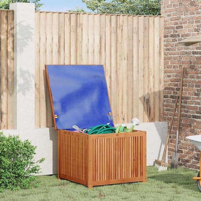 Patio Storage Box, Outdoor Deck Bin 29.5 x 29.5 x 22.8 Inch, Solid Acacia Wood Container for Garden Cushions, Pillows and Tools, Brown