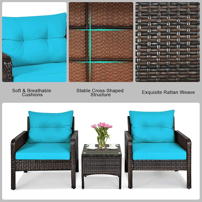 HAPPYGRILL 3 Piece Patio Furniture Set Outdoor Rattan Wicker Coffee Table & Chairs Set with Seat Cushions Patio Conversation Set for Garden Balcony Backyard Poolside
