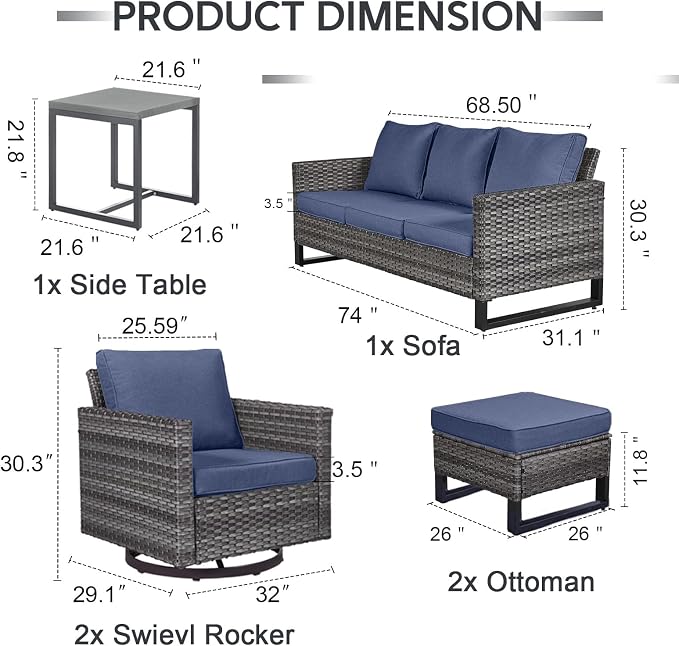6 Piece Wicker Patio Furniture Set - Outdoor Swivel Rocker Chairs Set with Side Table, 3 Seat Sofa and Ottomans, Small Patio Conversation Sets Proch Furniture for Balcony Deck - Grey/Blue