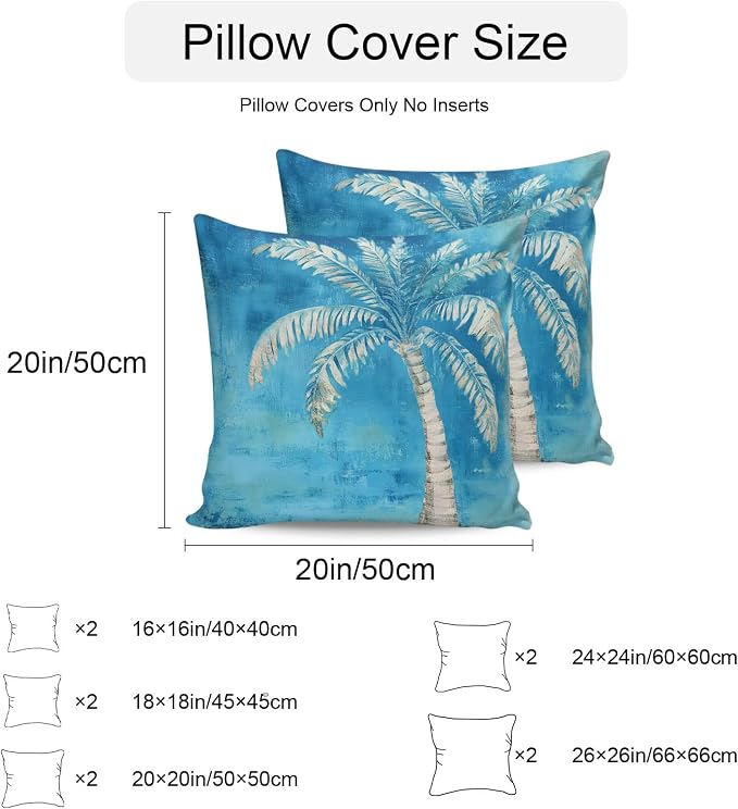 Coastal Beach Tree Blue Outdoor Waterproof Pillow Covers, Vintage Summer Palm Tree Decorative Square Throw Pillowcase, Tropical Botanical Sofa Cushion Sham for Patio/Couch/Chair, 18"x18" 2 Pack