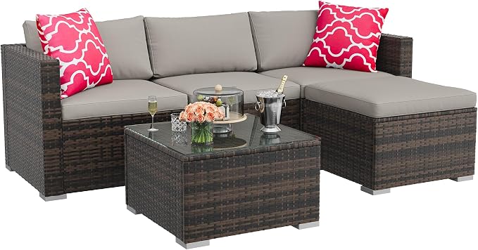 GarveeHome 5 Pieces Patio Sectional Furniture Set, All Weather Wicker Rattan Sectional Sofa, Patio Conversation Set with Cushions and Glass Coffee Table for Backyard Porch Garden Balcony, Grey