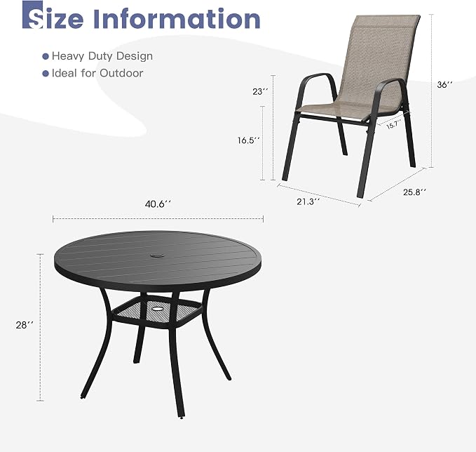 VICLLAX Round Patio Dining Set for 4, Metal Slatted Patio Table with Umbrella Hole and Stackable Patio Chairs for Deck Lawn Garden, Brown Fabric and Black Tabletop