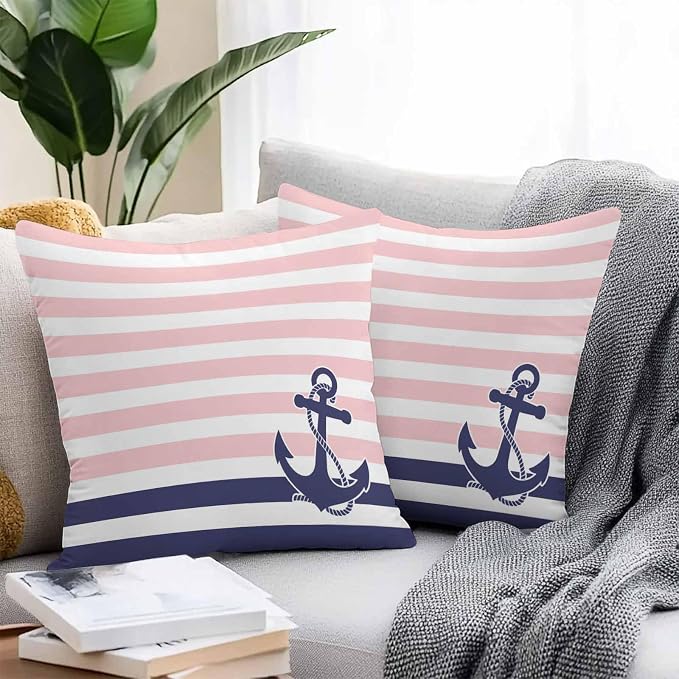 Throw Pillow Covers 18x18 Inch Set of 2, Anchor Pink Waterproof Outdoor Cushion Covers, Modern Navy Blue White Striped Nautical Decorative Pillowcases for Couch, Sofa, Bed, Garden, Patio