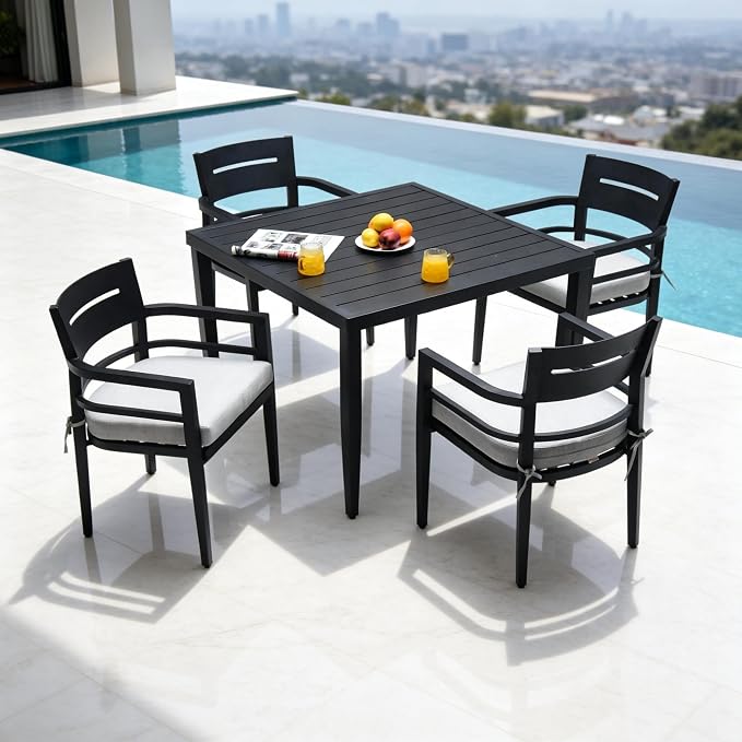 5-Piece Patio All Aluminum Furniture Set, All-Weather Resistant Outdoor Patio Set, 40" Square Dining Table with Umbrella Hole and 4 Dining Chairs Fabric Upholstered, Ember Black