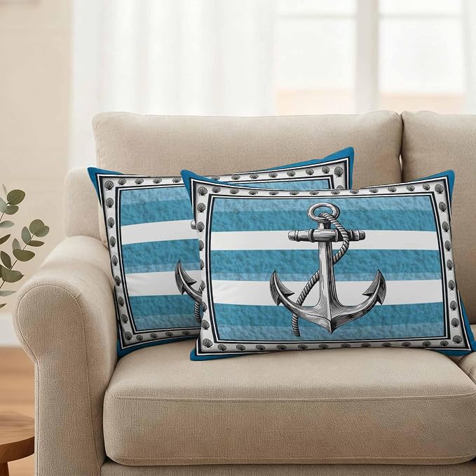 Summer Boat Anchor Outdoor Waterproof Pillow Covers Set of 2, Nautical Ocean Shells Anchor Blue White Stripe Pillowcase Decorative Throw Cushion Cases for Patio Garden Couch 20 x 12 Inches