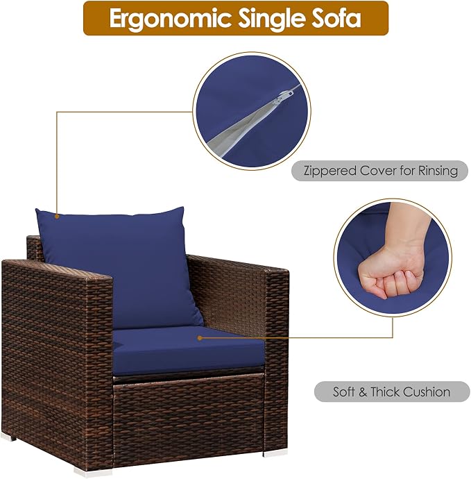 RELAX4LIFE 3-Piece Wicker Bistro Set - Outdoor Patio Rattan Sofa Set w/Washable Cushions & Tempered Glass Coffee Table, Conversation Furniture Set for Backyard, Porch, Garden & Poolside (Navy Blue)