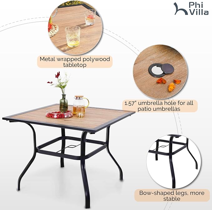 PHI VILLA 5pc Patio Dining Set with Umbrella, Square Table, Rattan Chairs | Includes 37" square metal table, 4 cushioned rattan chairs, and 10ft beige umbrella. Perfect for patio, deck, yard, or porch