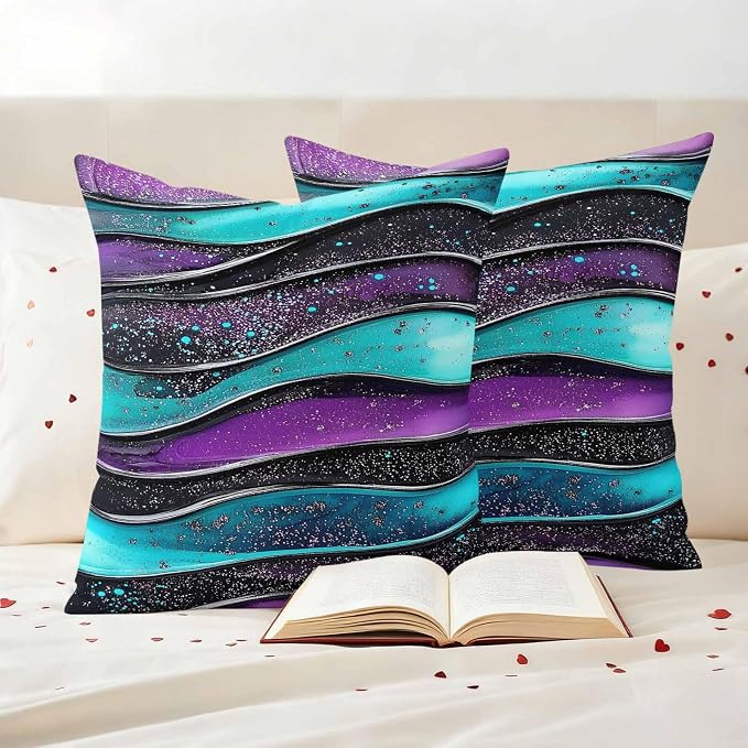 JasmineM Outdoor Pillow Cover 18x18 Inches Set of 2 Abstract Purple Teal Wave Waterproof Throw Pillow Covers Modern Black Strips Decorative Pillowcases Garden Cushion Case for Patio Couch Sofa