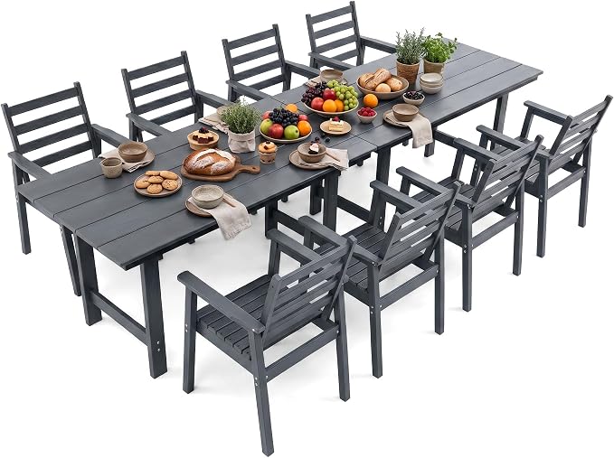 10 Piece HDPE Outdoor Dining Set for 8, Patio Dining Furniture Set with 2” Umbrella Hole, Weather Resistant Outdoor Table and Chairs for Garden, Poolside, Backyard, Deck
