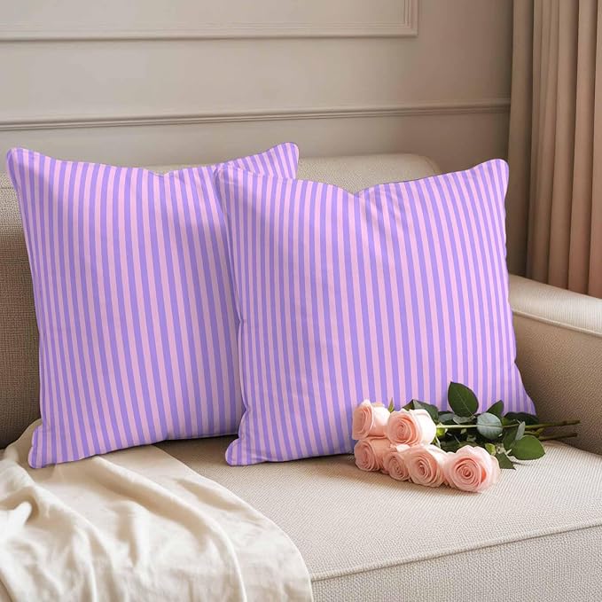 Throw Pillow Covers 20x20 Inch Set of 2, Purple Pink Waterproof Outdoor Cushion Covers, Geometric Vertical Striped Solid Rainbow Decorative Pillowcases for Couch, Sofa, Bed, Garden, Patio