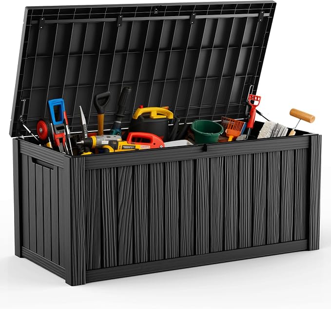 DRATO 120 Gallon Large Deck Box, Outdoor Storage Box for Patio Furniture, Patio Cushions, Gardening Tools, Pool Supplies, 660lbs Weight Capacity, Waterproof Resin Storage Boxes (Black, 120 Gallon)