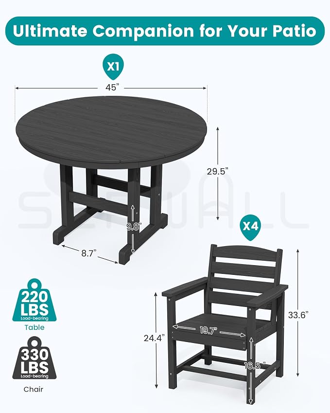 SERWALL 5-Piece Outdoor Round Dining Sets, HDPE Patio Table and Chairs Furniture Set, 45" Round Dining Table and 4 Dining Chairs, Black