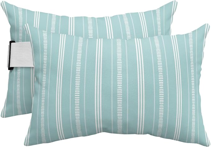 Outdoor Lumbar Pillows 11x16 Set of 2, Boho Mint Green Waterproof Throw Pillow Covers with Insert, Minimalist Farmhouse Striped Decorative Pillowcase Cushion for Couch Sofa Bed
