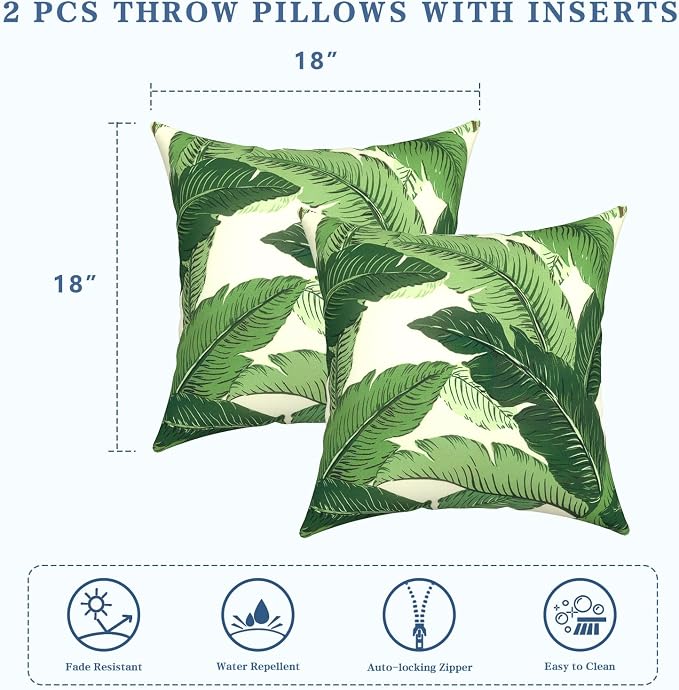 LVTXIII Outdoor/Indoor Throw Pillows, Decorative Throw Pillows with Inserts, 18"x18" Square Pillows for Bed, Couch, Sofa and Patio Furniture (Set of 2, Swaying Palms Green)