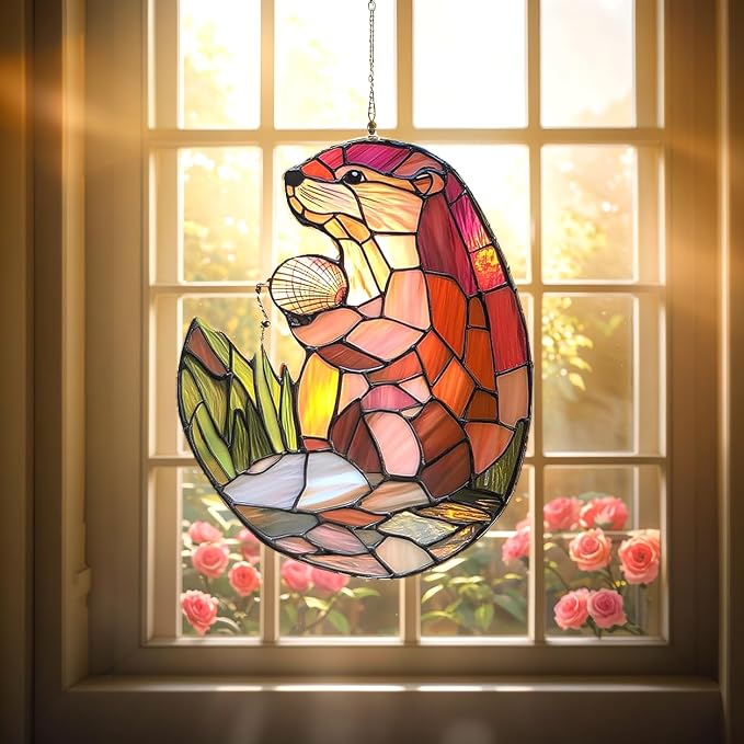 Couple Otters Acrylic Suncatcher, Boho Suncatchers for Window Hanging Ornament, Stained Glass Effect Art Garden Decor for Otter Lover, Gifts for Mother's Day, Mom, Grandma, Wife, Women, Nana
