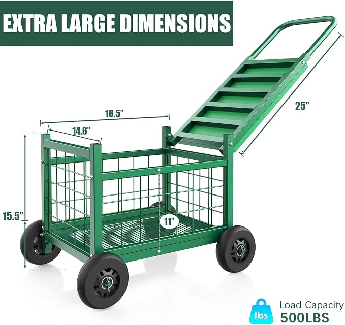 Extra Large Garden Cart with Seat, 3-in-1 Rolling Workseat with Wheels | Upgraded Large Storage Basket Garden Rolling Stools with Wheels, Supports up to 500 LBS for Seniors Gardening, Green
