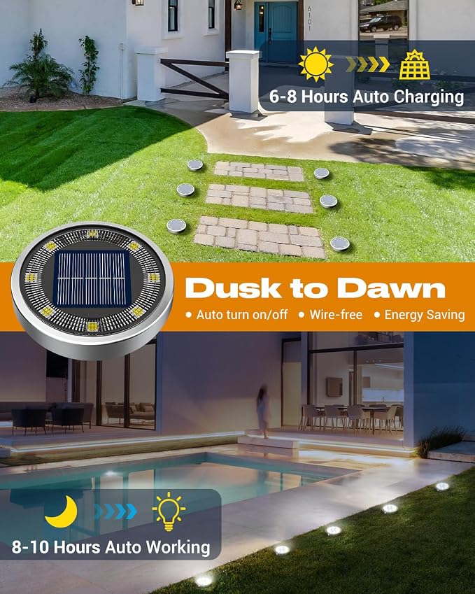 btfarm 30 Pack Solar Lights Outdoor, 8 LED Solar Ground Lights IP65 Waterproof Flat Solar Disc Light, Pathway Lights for Garden Lawn Patio Yard Path Landscape, Cool White