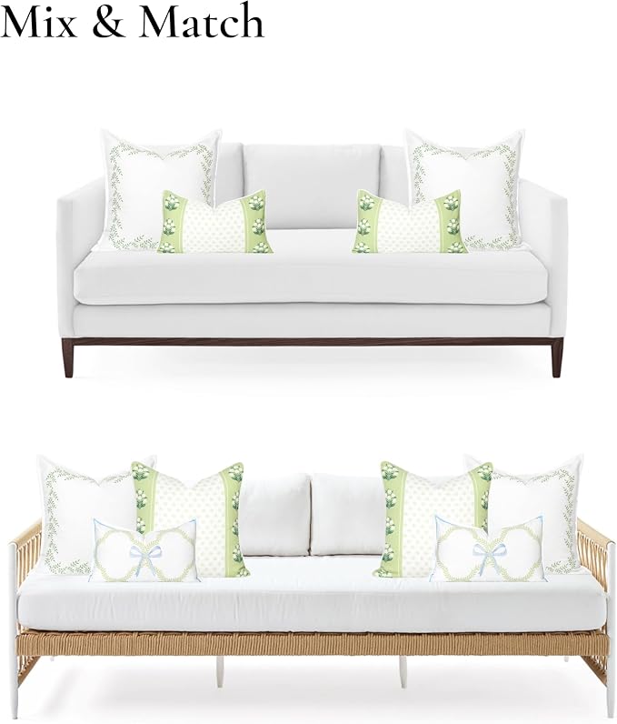 Hofdeco Premium Grandmillennial Patio Indoor Outdoor Throw Pillow Cover Only, 20"x20" Water Repellent for Backyard, Couch, Poolside, Grass Green Embroidered Leaves Frame