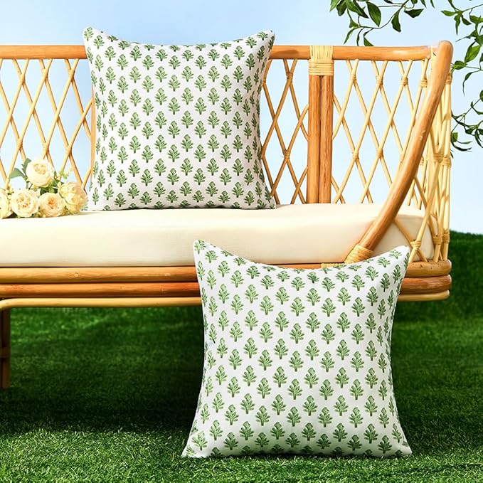 Outdoor Pillow Covers 18x18 Set of 2 Boho Green Floral Accent Print Decorative Throw Pillow Cases for Outdoor Waterproof Patio Furniture Garden Porch Sofa Bed Cushion Covers Home Decor JB005-C18