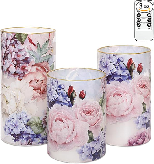 Silverstro Hydrangea Rose Flameless Candles with Remote Control & Timer Function - Real Wax Glass Battery Operated Candles - Home Farmhouse Holiday Christmas Valentine's Day Decorations - Set of 3