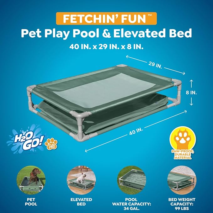 H2OGO! Pet Play Pool & Elevated Bed, Fetchin' Fun 2-in-1 Metal Frame Pool and Raised Mesh Bed for Small, Medium, and Large Dogs up to 99 lbs