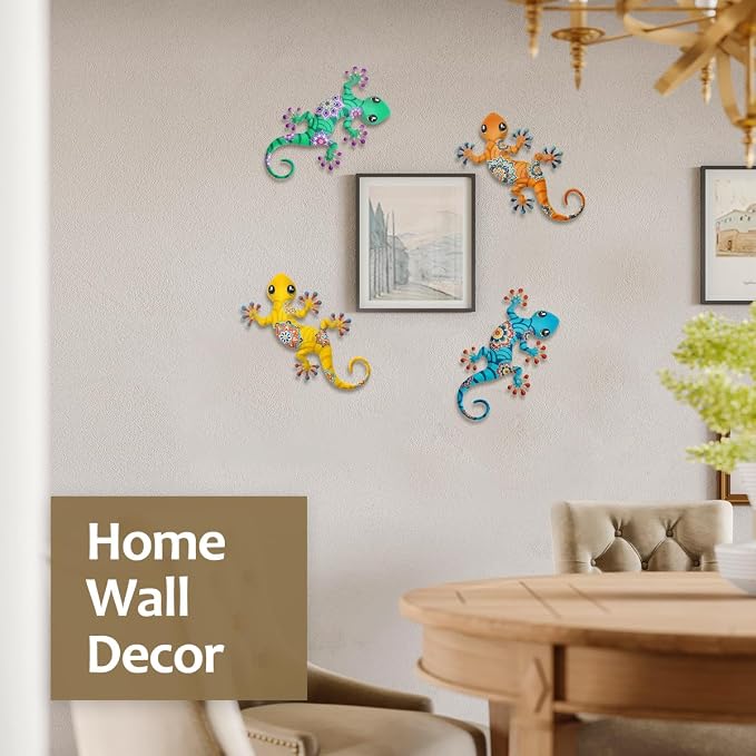 4 Pcs Metal Gecko Outdoor Decorations - Metal Lizards Wall Art Hanging Sculpture Decoration for Garden Yard Fence Porch Exterior Wall Decor
