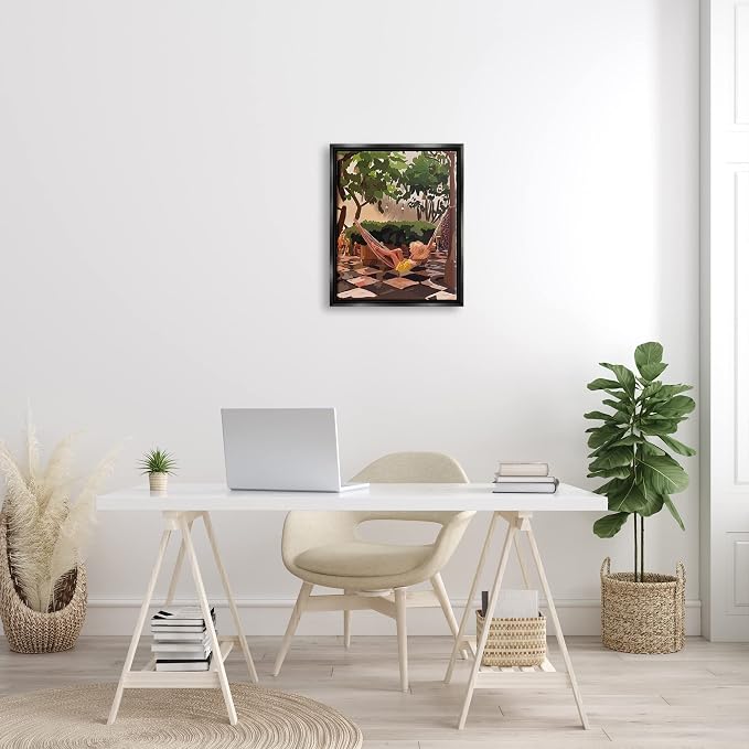 'Woman Lounging Hammock Tropical Summer'| Floating Frame Canvas Art | Stupell Industries | Black, 17 x 21 Inches, Easy to Hang and Sturdy, Made in USA, by Amelia Noyes