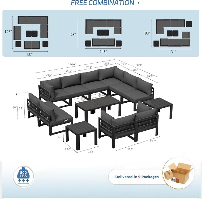 NICESOUL 14 Piece Oversized Modern Aluminum Outdoor Patio Furniture Set with Coffee Table, 29" Wide Deep L-Shaped Sectional Sofa, 500lbs Heavy Duty Comfortable Poolside Conversation Set, Dark Gray