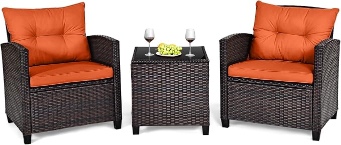 3-Pieces Patio Furniture Set, PE Wicker Chairs Sofa Set with Removable Cushions & Glass Top Side Table, Outdoor Wicker Rattan Conversation Chair for Porch,Backyard, Balcony (Orange)