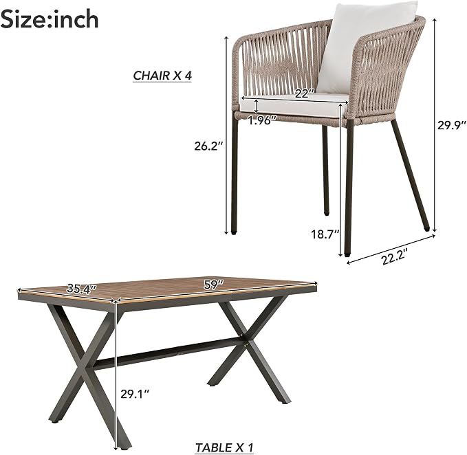 Modern 7 Pieces Patio Dining Set,Dining Table and Chairs, Acacia Wood Tabletop, Metal Frame,Outdoor Furniture Set for Garden, Backyard, Balcony (Beige/Rope1)