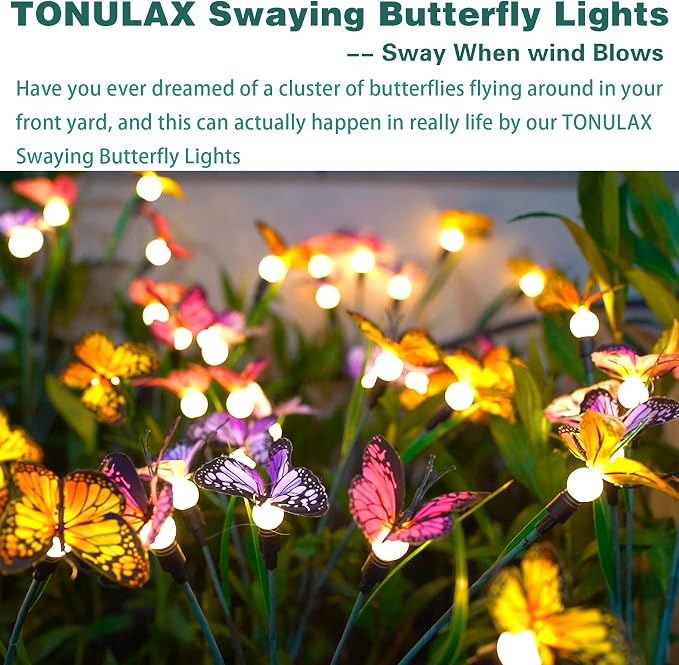TONULAX Solar Garden Lights - 10 Pack Swaying Butterfly Light, Swaying in The Wind, Solar Outdoor Lights, Yard Patio Pathway Decoration, High Flexibility Iron Wire & Realistic Butterflies