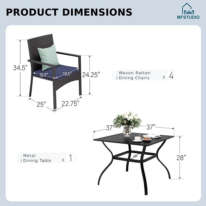 MFSTUDIO 5 Piece Patio Dining Set for 4, Outdoor 37" Square Dining Table with Cushioned Chairs, Deck Dining Furniture Set with Umbrella Hole, Wicker Chairs and Table for Porch, Backyard