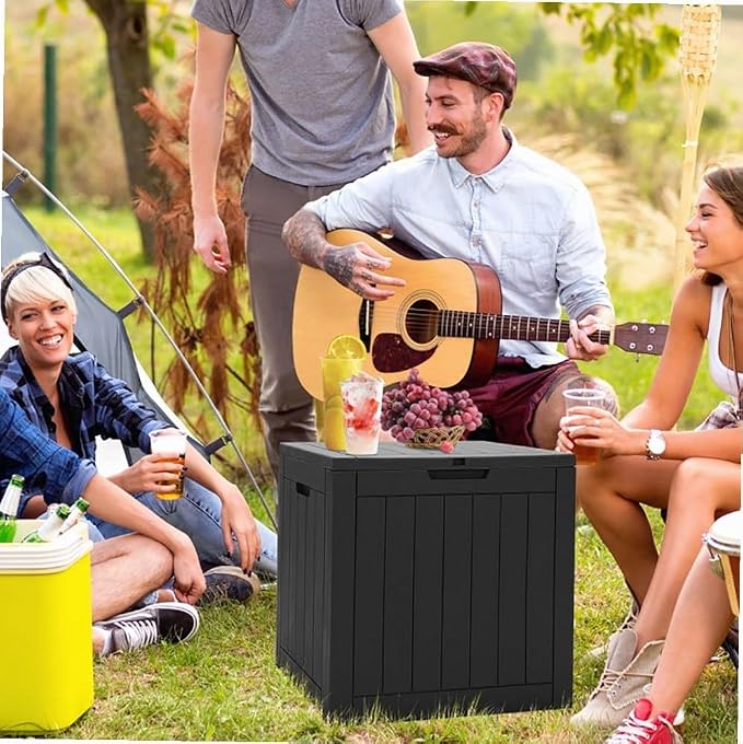 Black 30-Gallon Deck Box Storage with Woodgrain Texture, 22x17x21in for Patio & Garden - Waterproof Lid, UV-Resistant