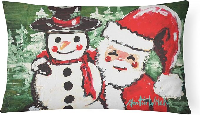 Caroline's Treasures MW1167PW1216 Friends Snowman and Santa Claus Canvas Fabric Decorative Pillow Machine Washable, Indoor Outdoor Decorative Pillow for Couch, Bed or Patio, 12HX16W