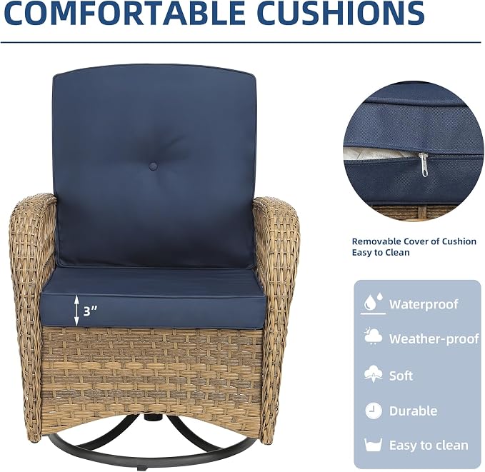 3-Piece Patio Wicker Conversation Bistro Set, Rattan Gliding Rocking Swivel Chairs with Cushion and Glass Top Side Table Outdoor Furniture Sets for Garden Backyard, Navy Blue