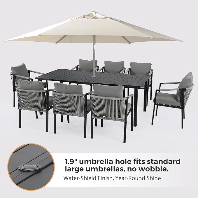 Patio Dining Set, 9-Piece Woven Rope Rattan Dining Table and Chairs Set | Metal Woven Wicker Rope Chairs with Cushions, All-Weather PE Rattan Outdoor Dining Set for Lawn Garden