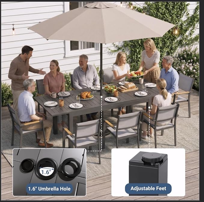 Wisteria Lane Aluminum Outdoor Patio Table and Chairs Set with 91.7" L-62 L Expandable Dining Table, 9-Pieces Outdoor Dining Set for 8, Patio Furniture Set with Stackable Quick Drying Chairs, Grey