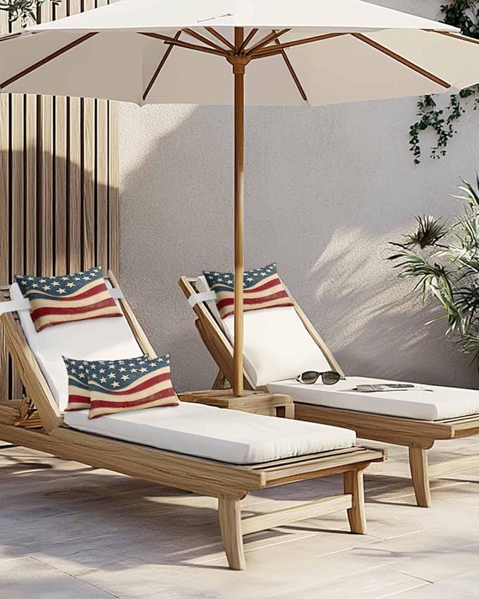 Pack of 2 Outdoor Lumbar Pillow Covers 11x16 Inch, Vintage American Flag Waterproof Throw Pillow Covers Set, Blue Red White Star US Flag Indoor&Outdoor Decorative Cushion Cases for Patio Porch Beach