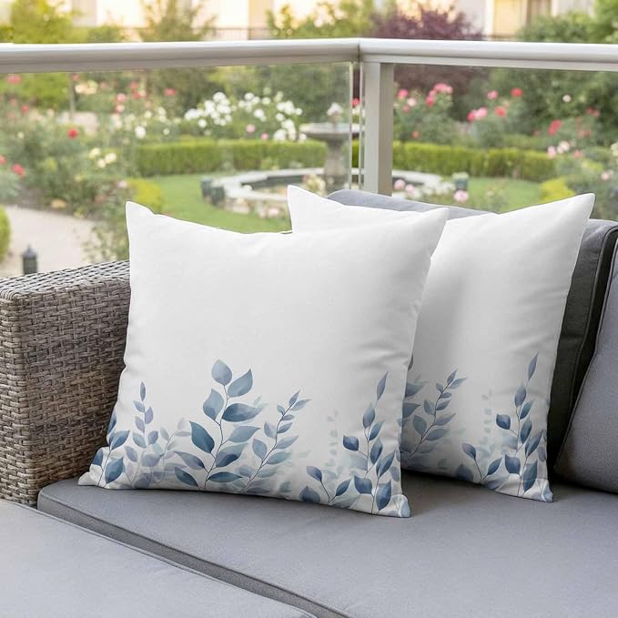Blue Botanical Outdoor Waterproof Throw Pillow Covers 26x26 Set of 2, Pastoral Leaf Watercolor Decorative Pillowcases Cushion Pillowcase for Couch Sofa Patio Outside Pillow Protector