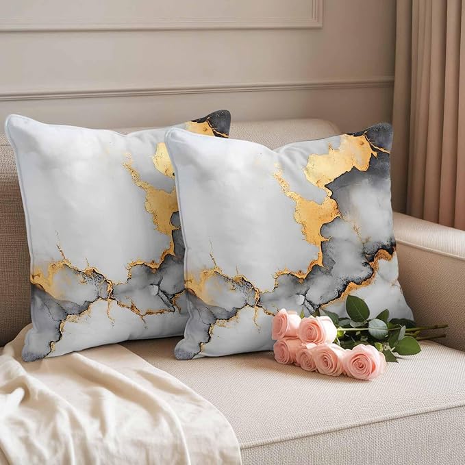 Abstract Marble Texture Outdoor Waterproof Throw Pillow Covers Set of 2, 20"x20", Grey White Gradient Gold Crack Art Decorative Pillow Covers Outside Cushion Case for Patio Porch Garden