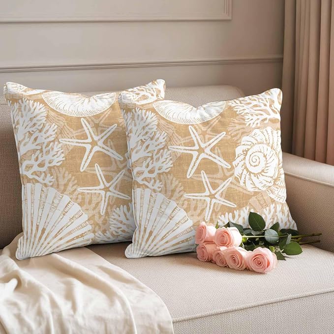 Outdoor Pillow Covers 16x16 Inch Set of 2, Light Brown Starfish Coastal Waterproof Throw Pillow Covers, Summer Coral Shell Beach Nautical Decorative Cushion Pillowcases for Couch Sofa Bed Garden Patio