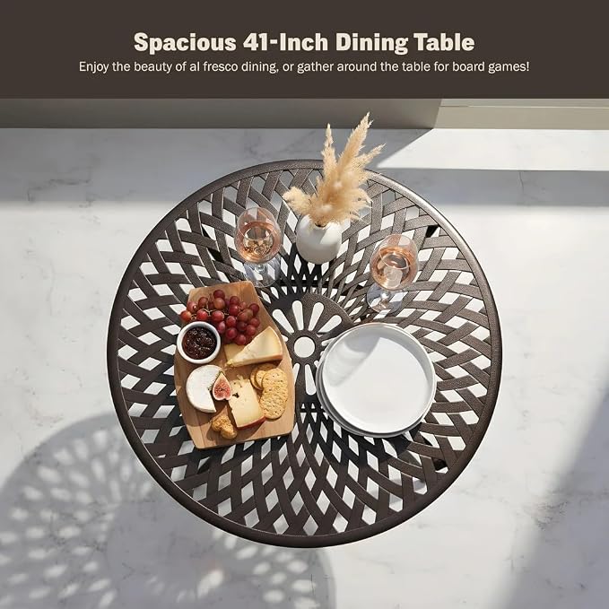 5-Piece Outdoor Dining Set, All-Weather Cast Aluminum Resistant Patio Dining Furniture, Includes 4 Chairs and 1 Round Table with Umbrella Hole for Garden Deck Backyard
