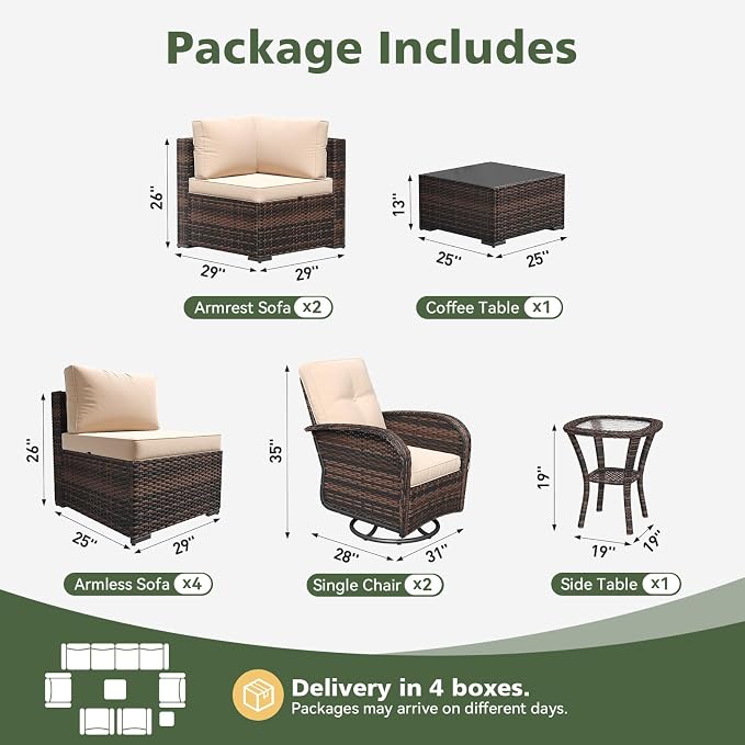 Aoxun 10 Piece Outdoor Patio Furniture Set with Coffee Table, Wicker Rattan Outdoor Furniture with High Back Swivel Rocker Chairs, Outdoor Conversation Set with Thick Cushion & Ottoman, Beige