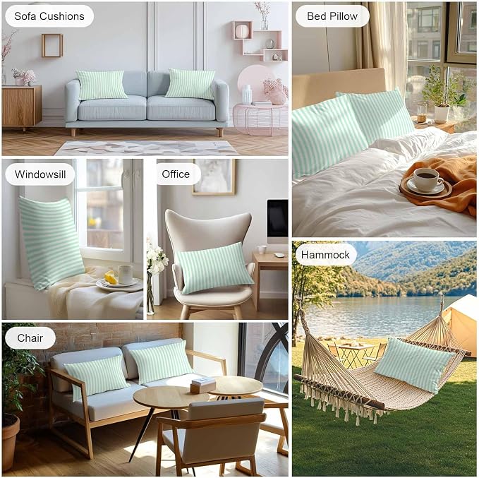 Lumbar Pillow Covers 20x12 Inch Set of 2, Green White Stripe Waterproof Outdoor Cushion Covers, Modern Minimalist Geometric Striped Decorative Pillowcases for Couch, Sofa, Bed, Garden, Patio