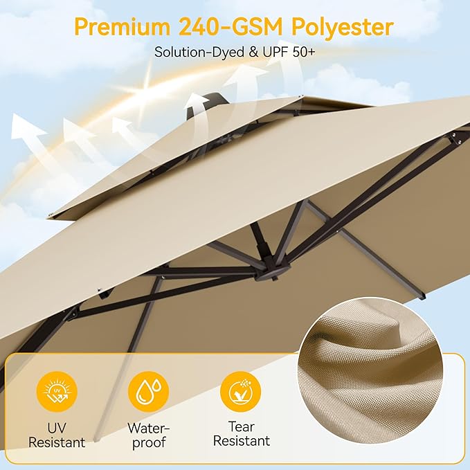 VEGOND 10x13 FT Patio Cantilever Umbrella with Base, Rectangular Heavy Duty Offset Umbrella for 8-10 People, 360°Rotation & Mult Tilt, Double Top Design, for Pool Garden Deck (Beige)