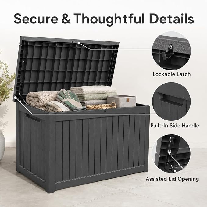Outdoor Deck Patio Storage Box - 280 Gallon Large Outdoor Deck Box, Plastic Storage Bin with Lid, Outside Toy Box & Pool Storage Container for Cushions, Garden Tools, Towel, Black