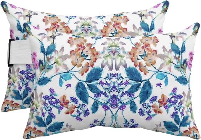 Outdoor Pillows Covers with Inserts Vintage Watercolor Flowers Floral Tree Branch with Waterproof Pillow with Adjustable Strap Throw Pillows for Patio Furniture Recliner Lounge Chair, 11"x16", 2PCS
