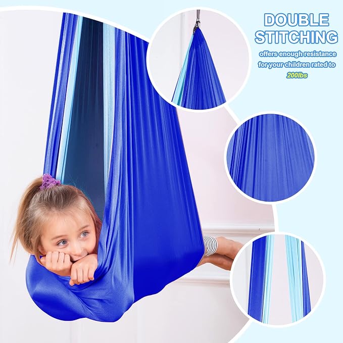 Therapy Swing Hammock Kids Cuddle Sensory Swing Indoor Therapeutic Hammock 360° Rotating Double Layer Elastic Rocking Cloth Swing Gifts for Children with ADHD SPD Asperger Autism (Blue+Sky Blue)
