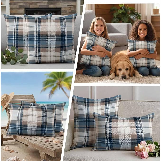 Outdoor Waterproof Throw Pillow Covers Set of 2 Blue Brown Buffalo Plaid Pillowcases 16x16 Inches Check Plaid Decorative Pillows Cushion Case Patio Pillows for Couch Bed Chair Garden